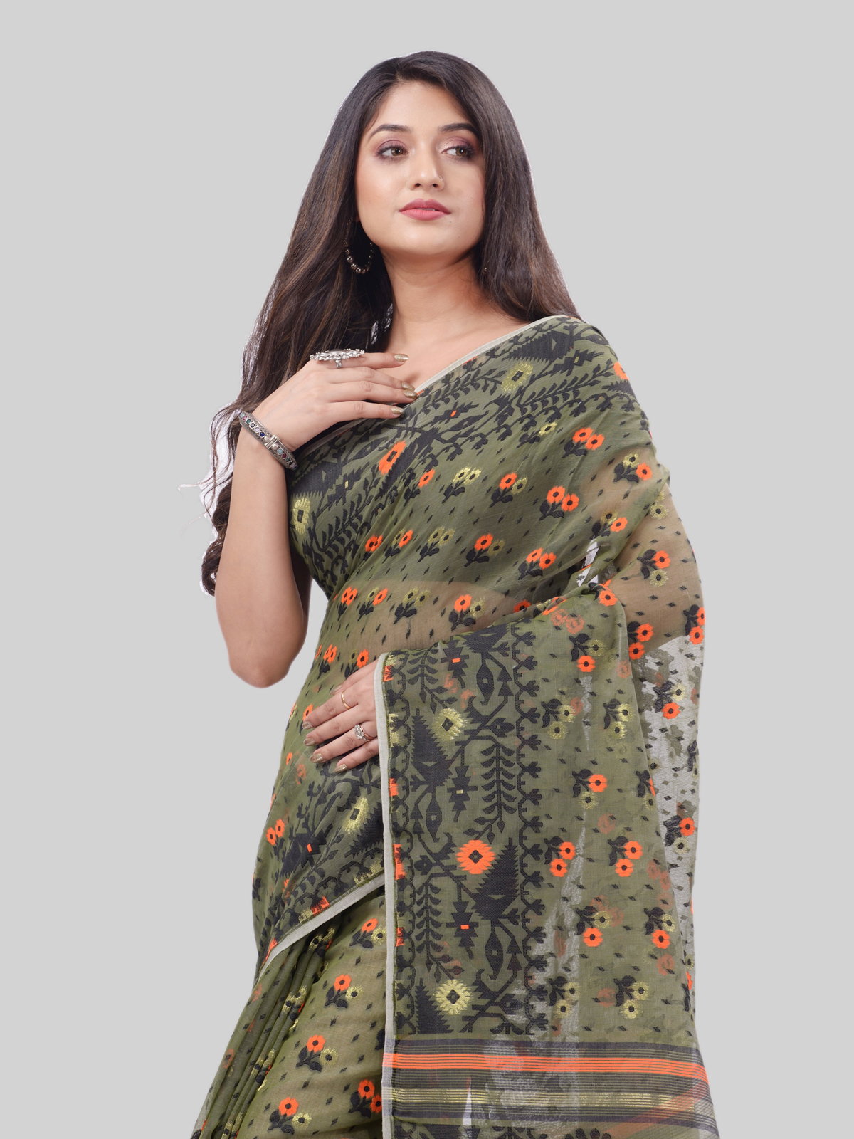 DESH BIDESH Women`s Phulkari Resham Dhakai jamdani Bengal Pure Cotton Handloom Saree Whole Body Design without Blouse Piece (Moss Green Orange)